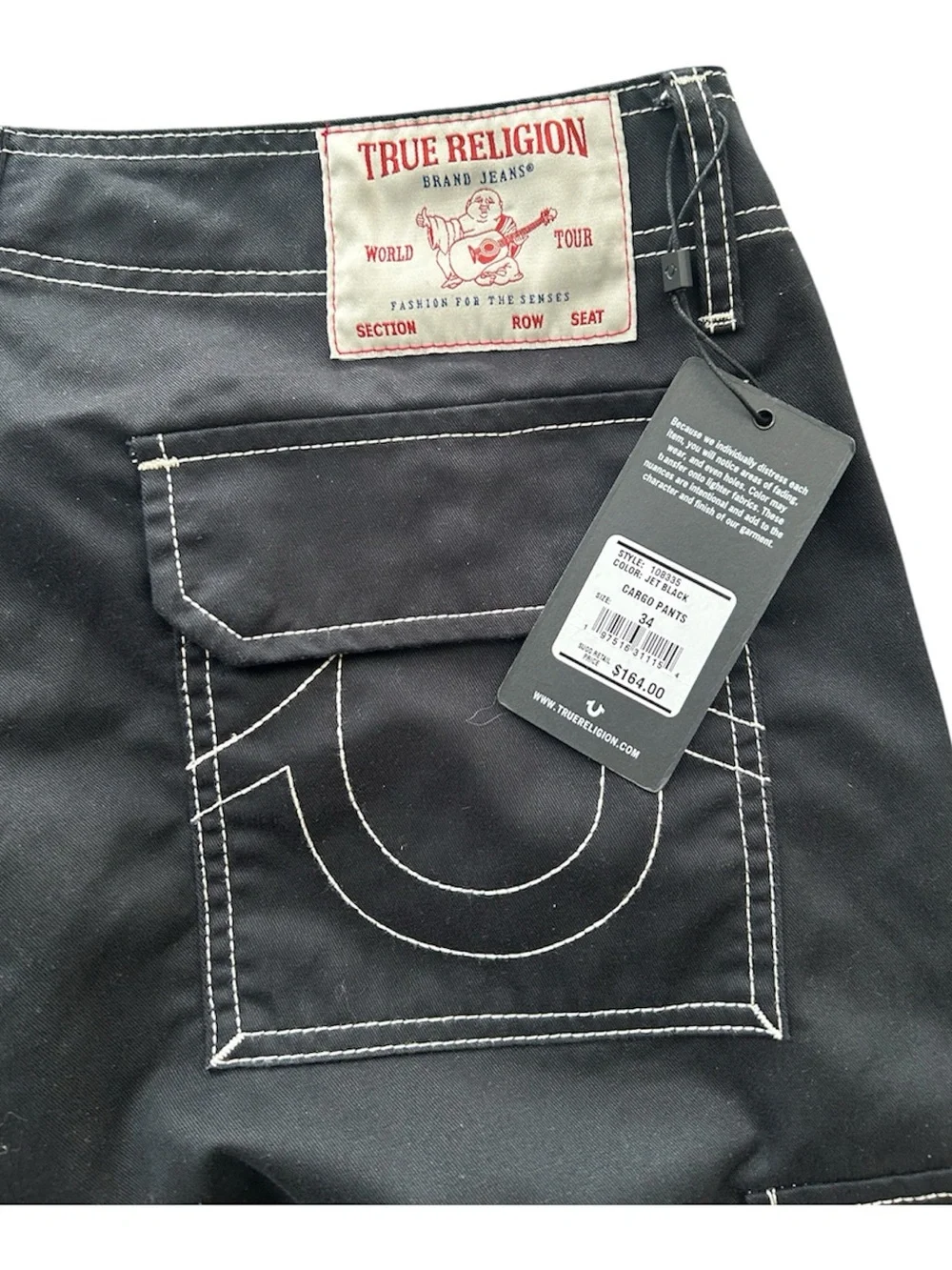 True Religion Black Cargo Pants with White Contrast Stitching